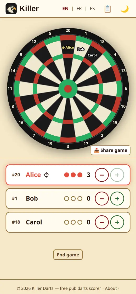 Tap + and − as the darts land
